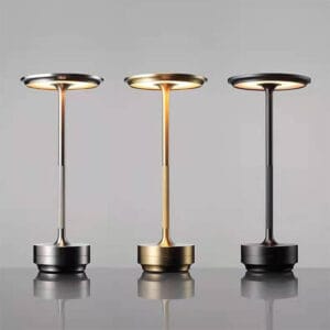 Rechargeable cordless table lamp showing gold, silver and black colors