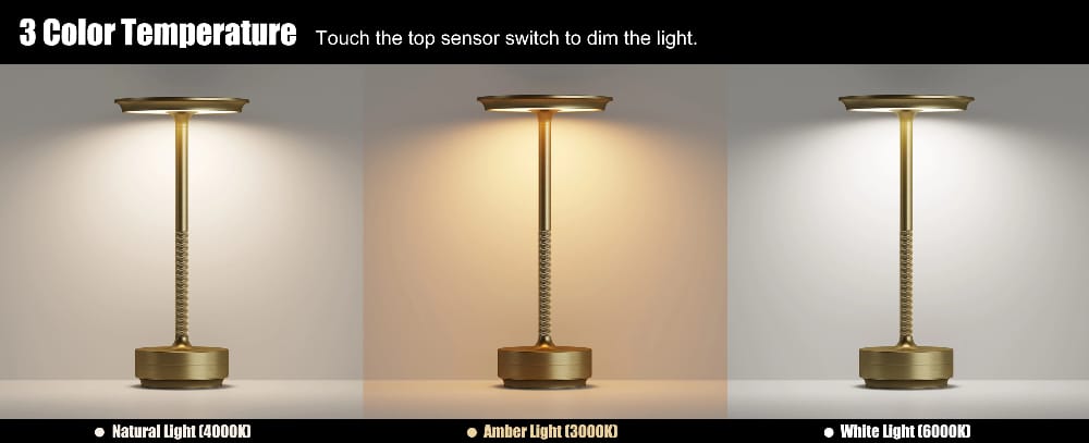 Rechargeable Cordless Table Lamp, Portable LED Touch Lamp with 3 Color Stepless Dimming & Memory Function, Modern Metal Table Light - Image 6